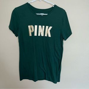 PINK Fitted Tee Green w/ Gold Lettering